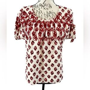 EUC A Loves A Linen Blend Embroidered Blouse size Small Short Tie Sleeve